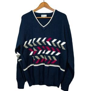 Vintage Izod Club V Neck Sweater Chevron Long Sleeve Navy - XL